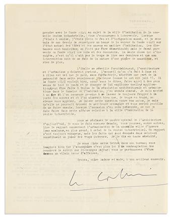 LE CORBUSIER. Typed Letter Signed, to Baroness Catherine dErlanger (Dear Madam and Friend), in French,
